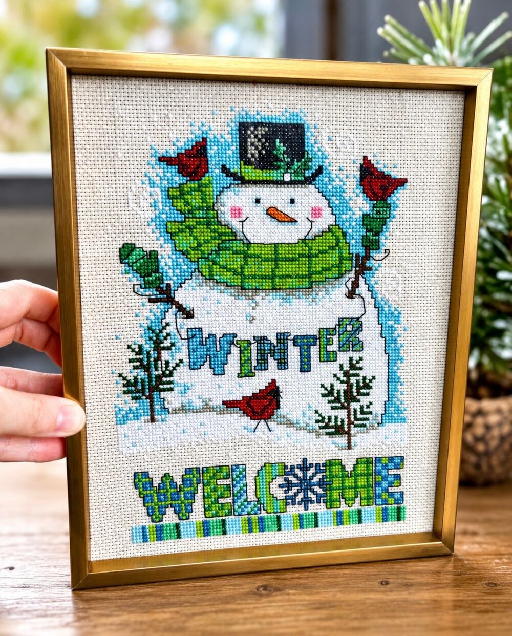 Winter Welcome Snowman Cross
Stitch Wall Art - Green & Blue